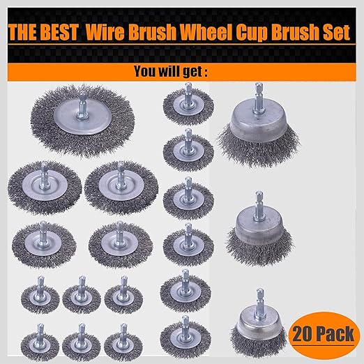 20 Pack Wire Brush Wheel for Drill Set, Wire Brush for Drill 1/4 Inch Hex Shank 0.012 inch Coarse Carbon Steel, Wire Wheel for Drill for Cleaning Rust and Abrasive,Wire Brush Drill Attachment