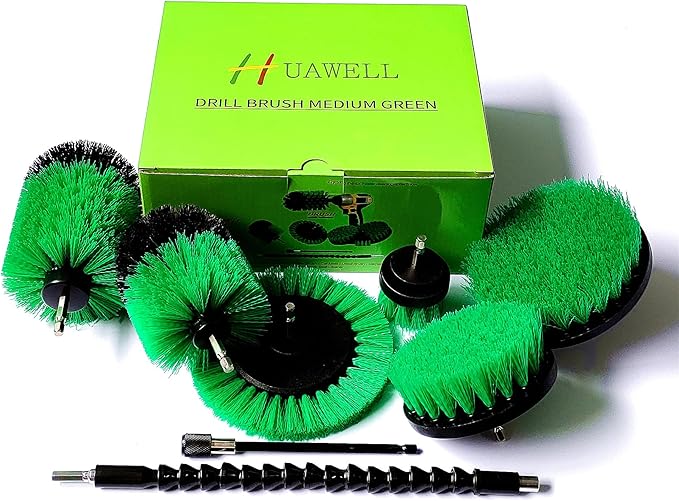 HUAWELL Drill Brush with Long Attachment Set Green Kitchen Cleaning Brushes All Purpose for Bathroom,Kitchen,Grout,Tub,Tile,Corners,Auto- Green