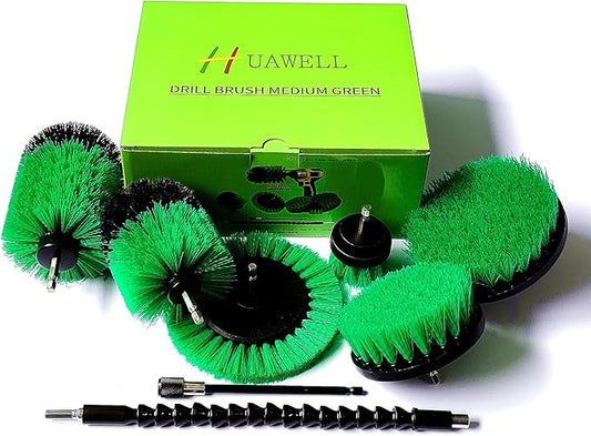 HUAWELL Drill Brush with Long Attachment Set Green Kitchen Cleaning Brushes All Purpose for Bathroom,Kitchen,Grout,Tub,Tile,Corners,Auto- Green