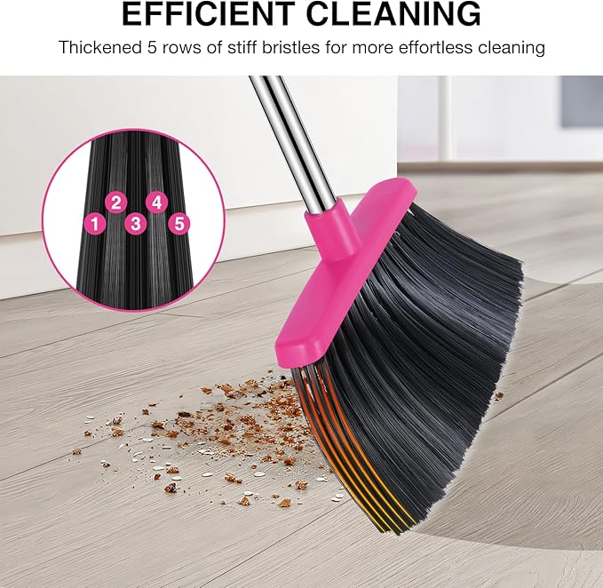 NACENA Broom and Dustpan Set, 52-in Long Adjustable Handle Broom Dustpan Combo with Dustpan Teeth to Automatically Clean Hair Suitable for Home Kitchen Office Hall Floor（Grey&Rose）