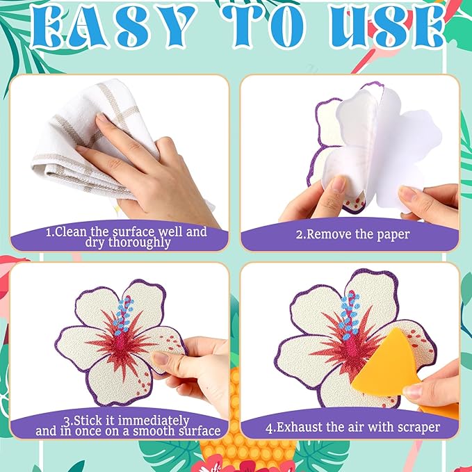 24 Pcs Hawaiian Flowers Non Slip Bathtub Sticker Summer Skidproof Shower Sticker Anti Slip Shower Decal Bathe Treads Adhesive Appliques Scraper Bright Flower Decal for Bathroom Decor