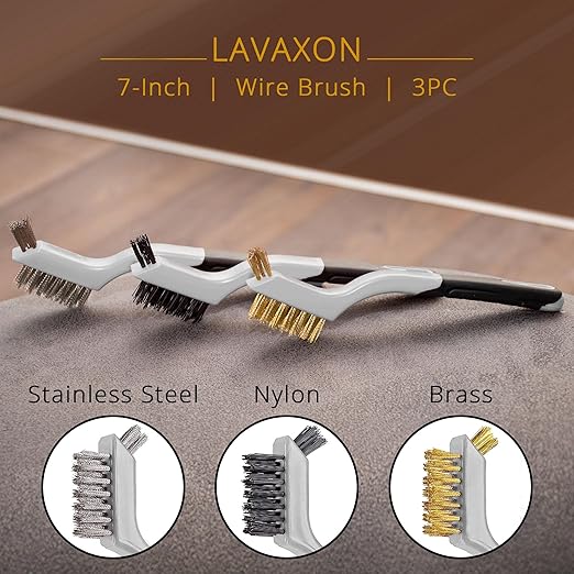 Wire Brush Set 3Pcs - Nylon/Brass/Stainless Steel Bristles with Curved Handle Grip for Rust, Dirt & Paint Scrubbing with Deep Cleaning – 7 Inches (Grey)