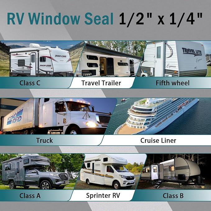 RV Window Seal 1/2" x 1/4", Rubber Windshield Gasket, Glass Edge Weather Stripping for Camper Boat Truck Car Home Application (15FT)