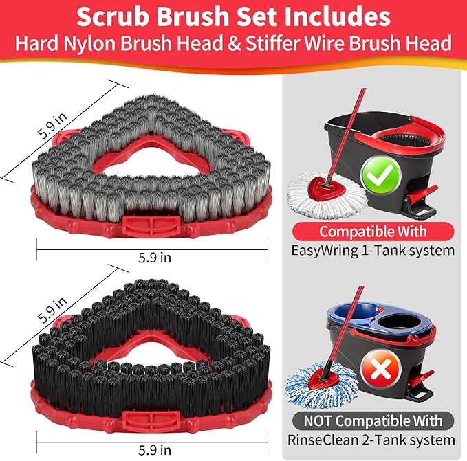 2 Pack Scrub Brush Heads Compatible with O Cedar EasyWring 1-Tank – Stainless Steel & Nylon Bristles, 5.9" Triangular Mop Scrubber for Tile, Bathroom, Kitchen, Deck, Garage Floor Deep Cleaning