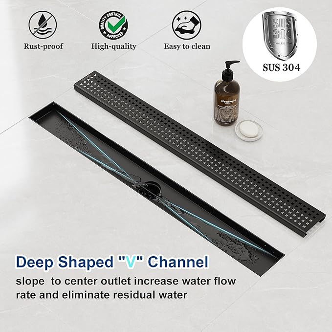 Neodrain 18-Inch Black Linear Shower Drain with Removable Quadrato Pattern Grate,Professional 304 Stainless Steel Rectangle Shower Floor Drain Manufacturer,Leveling Feet,Hair Strainer,Matte Black