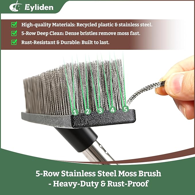 Eyliden Push Broom, Heavy Duty Moss Wire Scrub Brush with Stainless Steel Bristles, 65" Long Handle, Scrubber Brush for Deck, Floor, Concrete, Roof, Patio, Pool Outdoor Cleaning