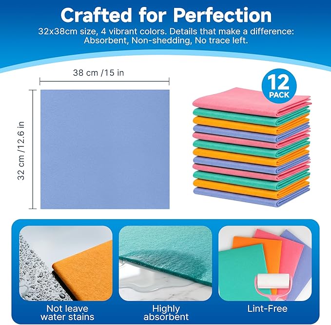 12 Pcs Cleaning Dish Cloths, Microfiber Streak Free Cleaning Cloths Reuseable Cleaning Wipes Rag for Windows Glass Mirror Car (Mix-Color)