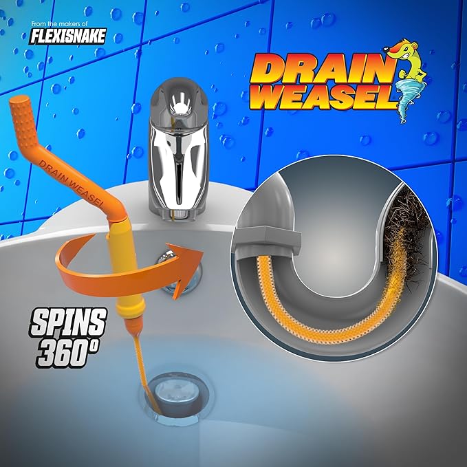 FlexiSnake Drain Weasel MAX Drain Hair Clog Remover Tool with Rotating Handle and 2 Wand Refills, Made in the USA, 20 inch
