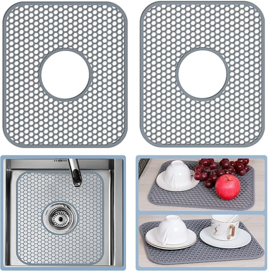 2 Pack Silicone Sink Protectors for Kitchen Sink with Center Drain, 13.58''x 11.6'' Non-Slip Heat Resistant Mat Grid for Bottom of Stainless Steel Porcelain (Center Hole)