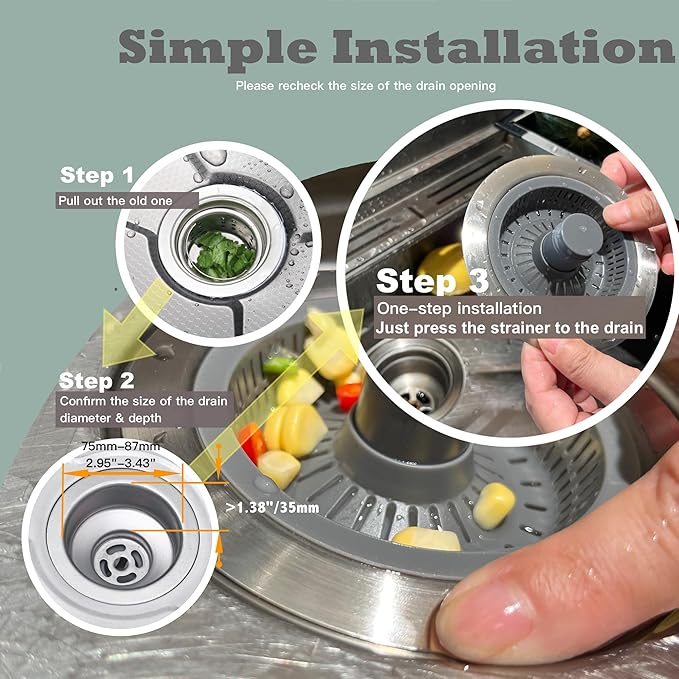 Kitchen Sink Drain Strainer 3 in 1, 304 Stainless Steel Pop Up Sink Stopper, Anti-Clogging Sink Stopper, Kitchen Drain Catcher, Food Catcher for US Standard (Silver Brushed 2#)