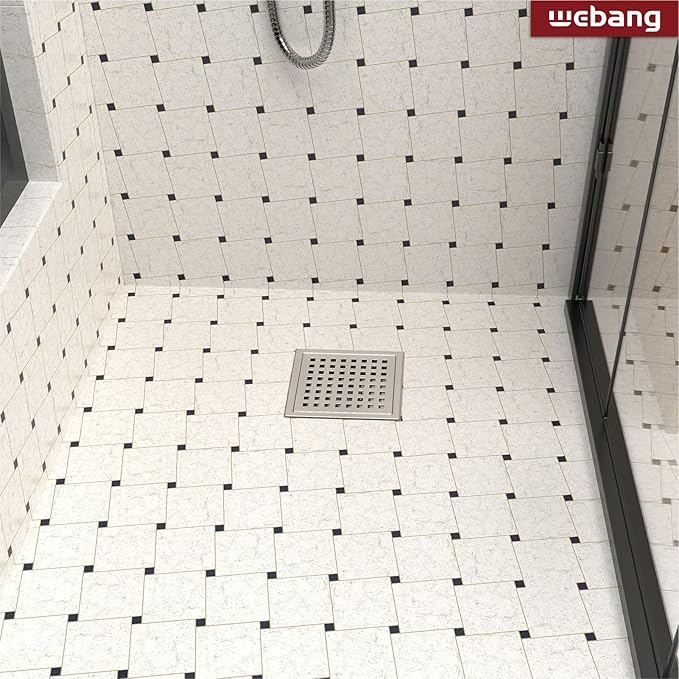 WEBANG 6 Inch Square Shower Floor Drain with Flange,Quadrato Pattern Grate Removable,Food-Grade SUS 304 Stainless Steel,Watermark&CUPC Certified,Brushed Nickel