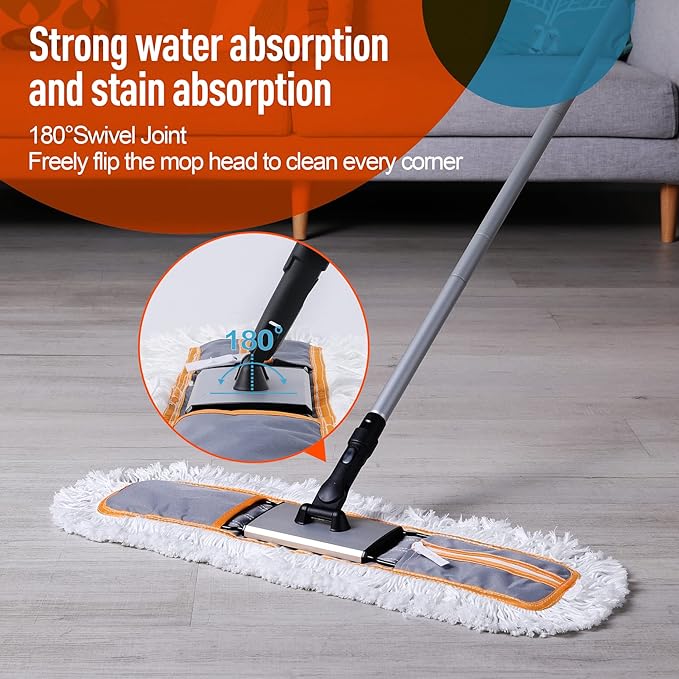 24" Commercial Dust Mop for Floor Cleaning, Heavy Duty Sweeper Broom with 2 Microfiber Mop Pads, Wet and Dry Duster Sweeper Broom for Marble, Laminate, Hardwood Floor Cleaning ,Grey