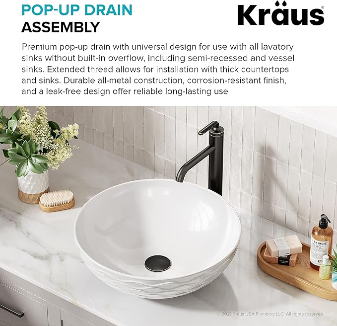 KRAUS Bathroom Sink Pop-Up Drain Assembly in Oil Rubbed Bronze for Vessel Sinks and Sinks without Overflow, with Extended Thread for Thicker Countertops,PU-L10ORB