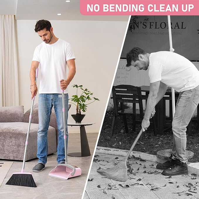 BSKLIN Broom and Dustpan Set, 54” Long Adjustable Household Hand Broom with Dustpan Teeth to Clean Hair Broom with Dustpan Set Heavy Duty to Clean Hair for Home Lobby Office (Pink)