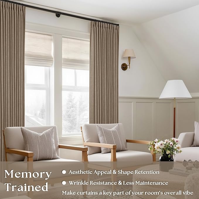 Light Brown 90 Inch Linen Curtains Pinch Pleated for Living Room Bedroom Dining Boho Light Filtering Pinch Pleat Drapes Hooks Rings Back Tab Semi Sheer Tan Latte Coffee Color Window Curtains 2 Panels