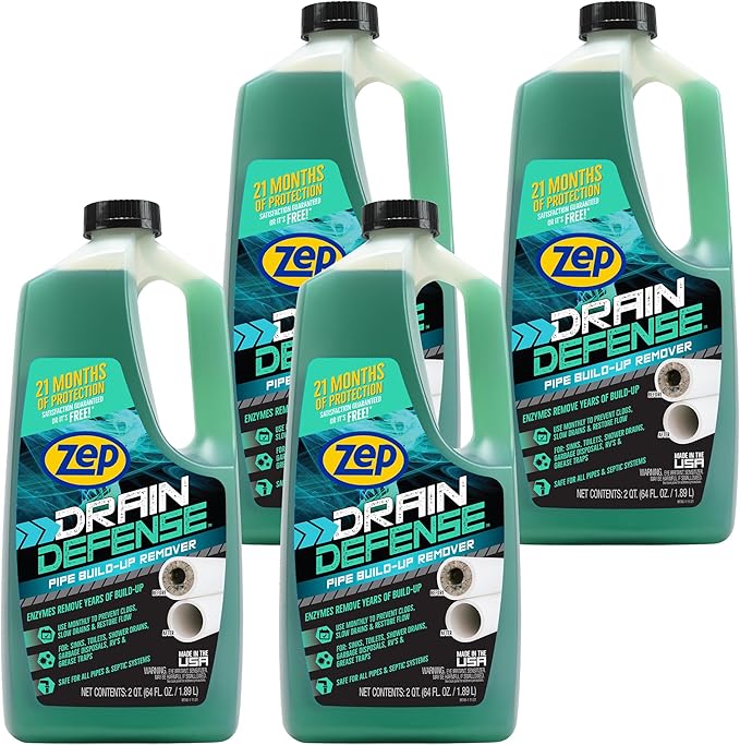 Zep Drain Defense Pipe Build-Up Remover - 64 oz (Case of 4) ZLDC64 - Professional Strength Liquid Pipe Build Up Remover