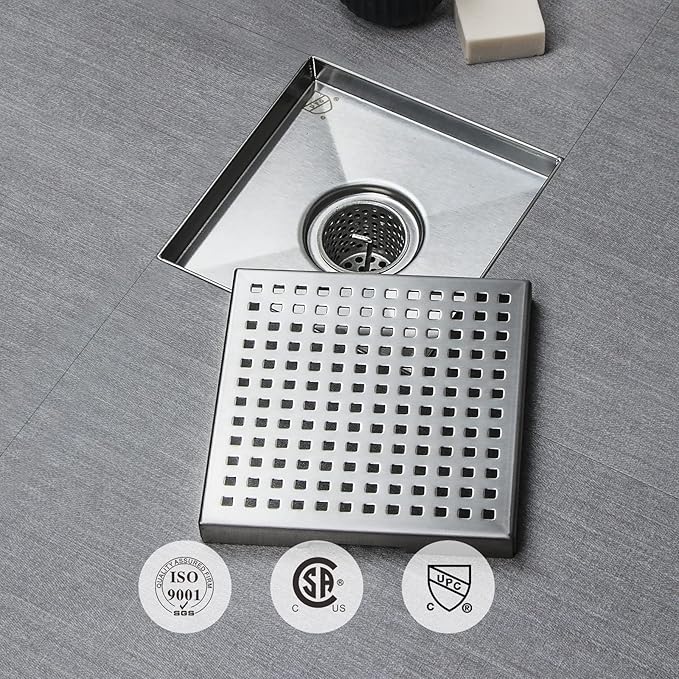 SaniteModar Shower Drain 4 inch with Removable Square Hole Panel, 304 Stainless Steel Brushed Shower Drain Equipped Hair Filter and Threaded Joint with Rubber Ring