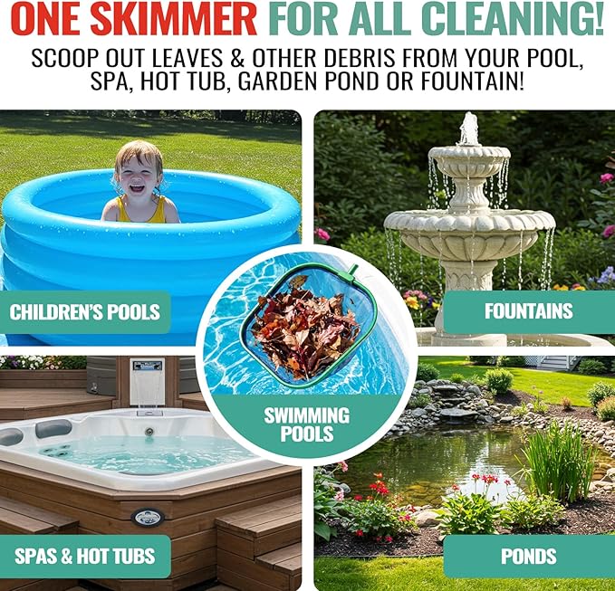36" Hot Tub Pool Skimmer Net with Pole All-Metal Aluminum Frame & Handle for Small Above Ground Pools - Lightweight Pool Skimmer Net for Daily Leaves Bugs Removal Easy Cleaning, Metal Green