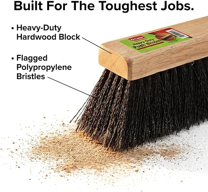 Black Indoor Push Broom Head – Heavy Duty Hardwood Block – Polypropylene Bristles – Deck Scrub Brush – Two Threaded Handle Holes for Better Assist (24")