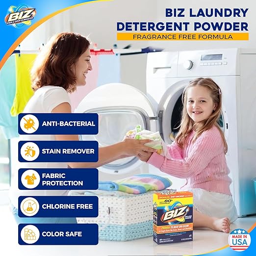 Biz Laundry Detergent Powder, Stain and Odor Eliminator for Tough Stains Like Grass Sweat and Chocolate, Powder Laundry Detergent with 4 Stain Fighters, Color Safe, HE Safe, Unscented, 37.5 Ounce