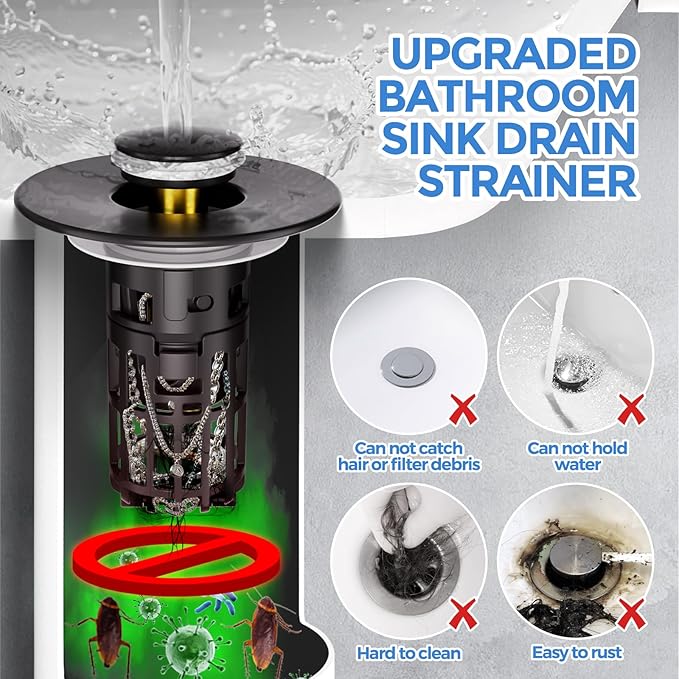 zaa Bathroom Sink Drain Strainer - Bathroom Sink Stopper, 2Pack Pop Up Sink Stopper with Removable Filter Strainer Basket for US Standard Bathroom Sink, Drain Plug Filter Replacement, Black