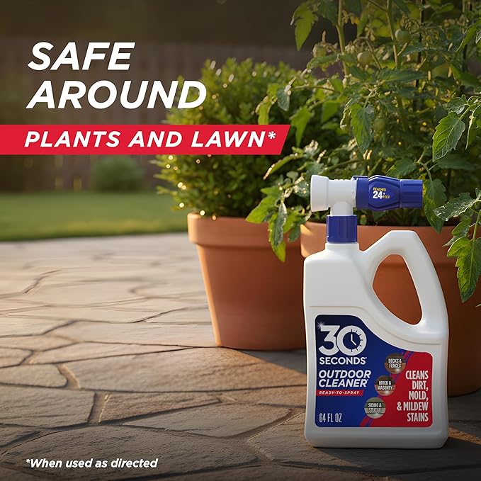 30 Seconds Outdoor Cleaner | Cleans Moss & Algae Stains from House, Vinyl Siding, Deck, Patio, Fence - 3 Capped Bottles, 1 Hose End Spray Attachment (64 Fl Oz (Pack of 3)