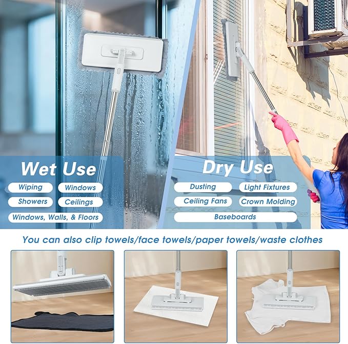 4 in 1 Disposable Dust Mop with Squeegee & Floor Scrub Brush with Long Handle, 2 Shiny Towels Wipes Cleaning Cloths, 2 Crevice Brush, Snap Grip Mini Mop for Windows Car Glass Floor Shower Bathroom