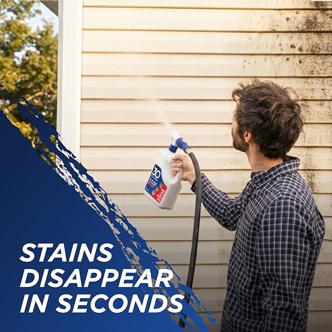 30 Seconds Outdoor Cleaner | Cleans Moss & Algae Stains from House, Vinyl Siding, Deck, Patio, Fence - 3 Capped Bottles, 1 Hose End Spray Attachment (64 Fl Oz (Pack of 3)