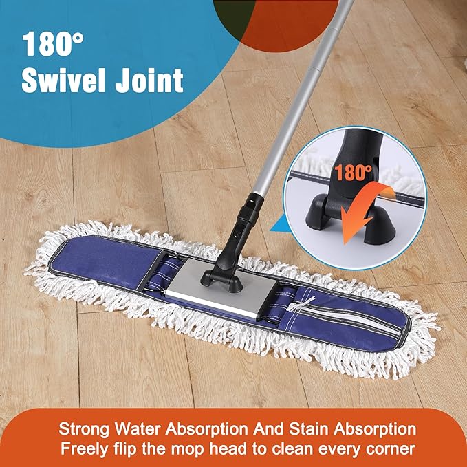 24" Commercial Dust Mop for Floor Cleaning, Heavy Duty Duster Floor Mop with 59” Extendable Long Handle,Hotel Gym Garage Hospital Household Cleaning Supplies for Hardwood,Marble Floors,Blue