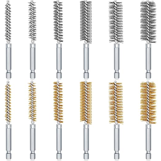 12 Pieces Bore Brush for Drill Wire Bore Brush Set Wire Cleaning Set Stainless Steel Cleaning for Power Drill Impact Driver (Stainless Steel,Brass)