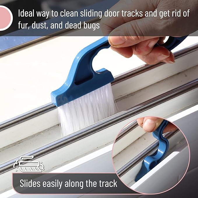 Slick- Window Track Cleaning Brush, 3 Pack, Colorful, Ergonomic Handle, Built-in Scraper, Multipurpose Window Track Cleaning Tools for Faucets, Shower Heads and Drains