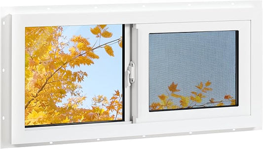 Vinyl Basement Window, 32" x 14" Bathroom Sliding Window with Double Pane Insulated Tempered Glass and Fiberglass Screen for Basement, Bathroom, Shed (White)