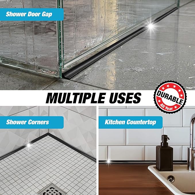 Shower Threshold Water Dam Barrier 67" - Black Collapsible Walk in Shower Water Guard - Door Bottom Seal Strip Leak Guard by Hippo Dam