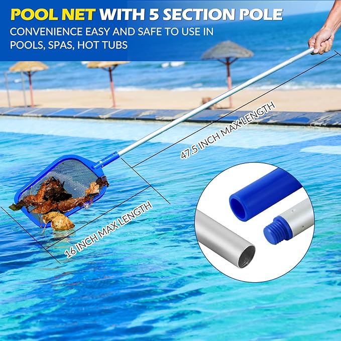 Pool Skimmer - Pool Skimmer Net with 5 Section Adjustable Telescopic Aluminum Pole, 23''- 60'', Pool Net Skimmer Rake with Ultra Fine Mesh , Pool Leaf Skimmer for Swimming Pools, Spas, Hot Tubs