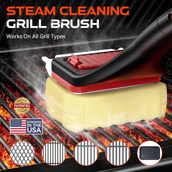 NEWKITCHEN Bristle Free Grill Brush for Outdoor Grill, Steam Clean BBQ Grill Brush with Scraper, Long Handle Replaceable Head Grill Cleaner Brush for Gas Charcoal Griddle & Smoker
