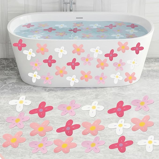 32 Pcs Cute Non Slip Bathtub Stickers for Shower Colorful Bathroom Anti Slip Shower Stickers Floor Applique Adhesive Decals with Scraper for Bathtub Bathroom Floor Pools (Flower)