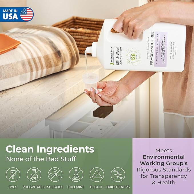 Heritage Park Silk & Wool Fragrance Free, Hypoallergenic, pH-Neutral Laundry Detergent - Dermatologist-tested, Sensitive Skin-Friendly, Enzyme-Free, Ultra Concentrated (64 fl oz Refill)