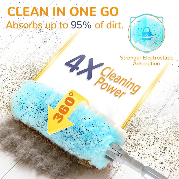 6 ft Heavy Duty Extendable Duster Handle with 50 Refills for Swiffer Duster, 360° Multi-Surface Dusters with 4X Cleaning Power for Home, Ceiling Fans, Windows, Dusting Hard-to-Reach Areas (Blue)