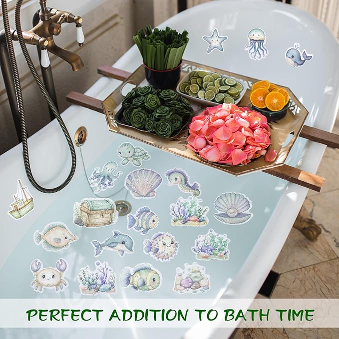 Bathtub Non-Slip Stickers for Shower - 20 PCS Bathroom Large Cute Sea Creature Anti-Slip Grips Stickers with Scraper for Kids Bath Tub and Slippery Floor Decor