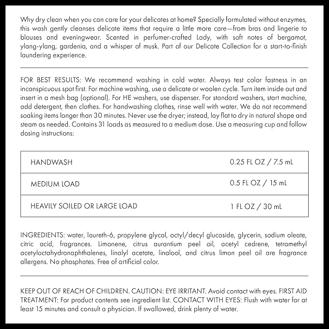 The Laundress Delicate Wash Luxury Liquid Laundry Detergent, 31 Loads, Concentrated Washing Detergent, Lady Scent, Enzyme-Free Hand or Machine Wash Laundry Soap for Silk, Lingerie & More