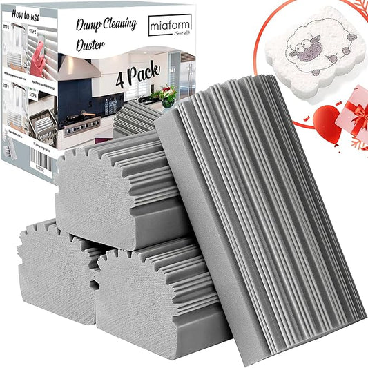 4-Pack Damp Clean Duster Sponge and 1- Pack Cellulose Dishwasher Sponge, Brush for Cleaning Blinds, Glass, Baseboards, Vents, Railings, Mirrors, Window Track Grooves and Faucets
