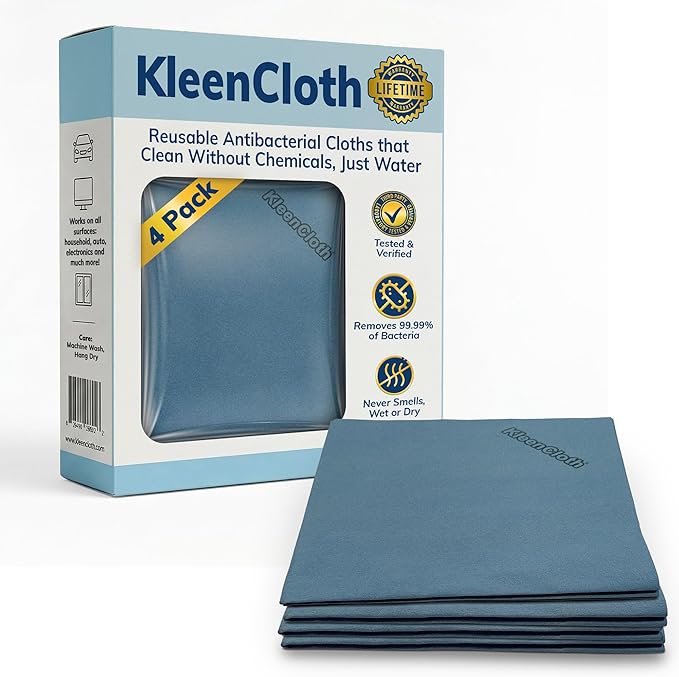 Reusable Antibacterial Cleaning Cloths – Removes 99.99% of Bacteria with Just Water | Silver-Embedded, Chemical, Odor, Streak & Scratch-Free for All Surfaces | 4 Pack