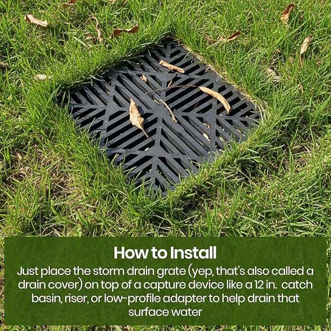 (2-Pack) Calvana Square Drain Grate, Compatible with NDS 1211G, Diamond Design for 12-Inch Catch Basins, Risers, and Low Profile Adapters, Extra Reinforcement for Toughness, Polyethylene, Black