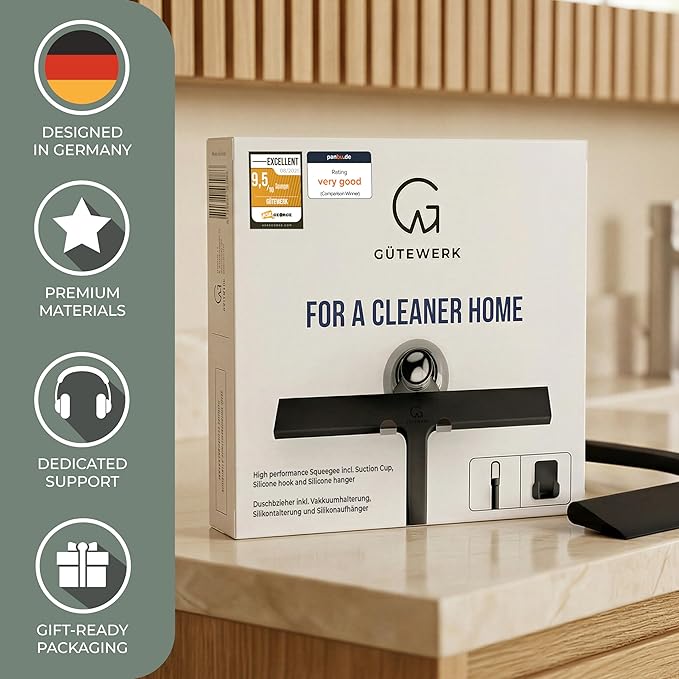 GÜTEWERK Shower Squeegee for Glass Doors, Silicone Window Squeegee, Bathroom and Glass Cleaning - Black - 11 Inch