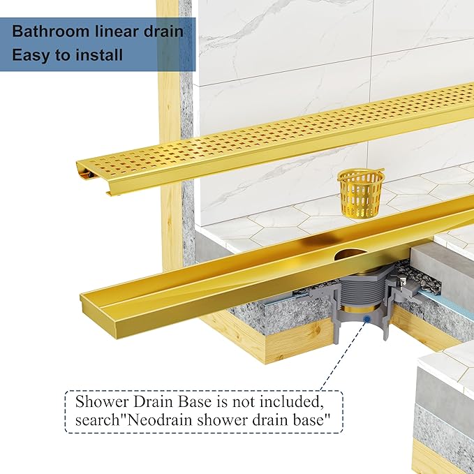 Neodrain 36-Inch Brushed Brass Linear Shower Drain with Removable Quadrato Pattern Grate,304 Stainless Steel Gold Rectangle Shower Floor Drain,Linear Drain with Hair Strainer