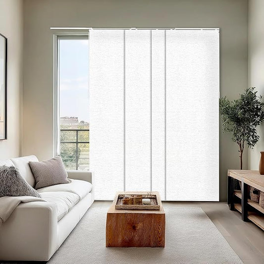 CHICOLOGY Panel Track Blinds for Sliding Glass Doors, 4 Panel Sliding Panels, Adjustable Track 46-86" W, Trimmable Height Up to 96" H, Light Filtering Privacy Room Divider, Chalk White