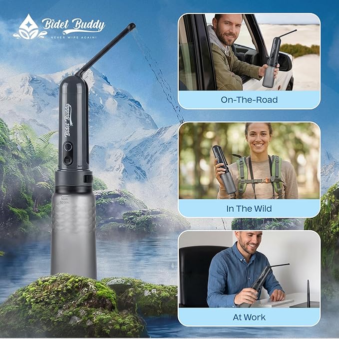 BIDET BUDDY® GoFlow Portable Bidet for Travel - 320ml Bottle with Adjustable Power Modes, Nozzle Wand, IPX7 Waterproof, USB C Charging, 800mAh Rechargeable Battery, Medium Pressure