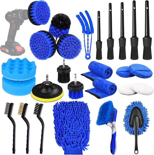 26Pcs Auto Cleaning Brush Set - Interior/exterior, Wheels Drill Brushes, Buffing Sponge Pads
