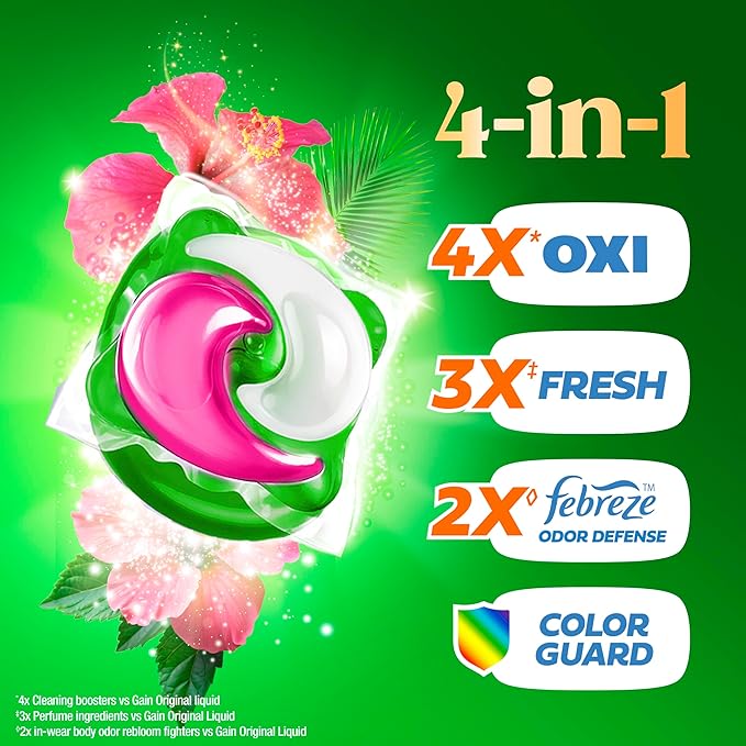 Gain Plus Flings Liquid Washing Detergent Pods, Gain's Best Clean, All-In-One, Happy Hibiscus Scent Laundry Pacs, 45 Count (Packaging May Vary)