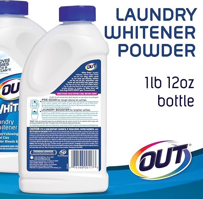OUT White Brite Laundry Whitener Powder, Stain Remover Detergent Booster for Clothes, Removes Red Clay and Rust Stains on White Clothing and Uniforms, 1 Pound 12 Ounce - Pack of 2